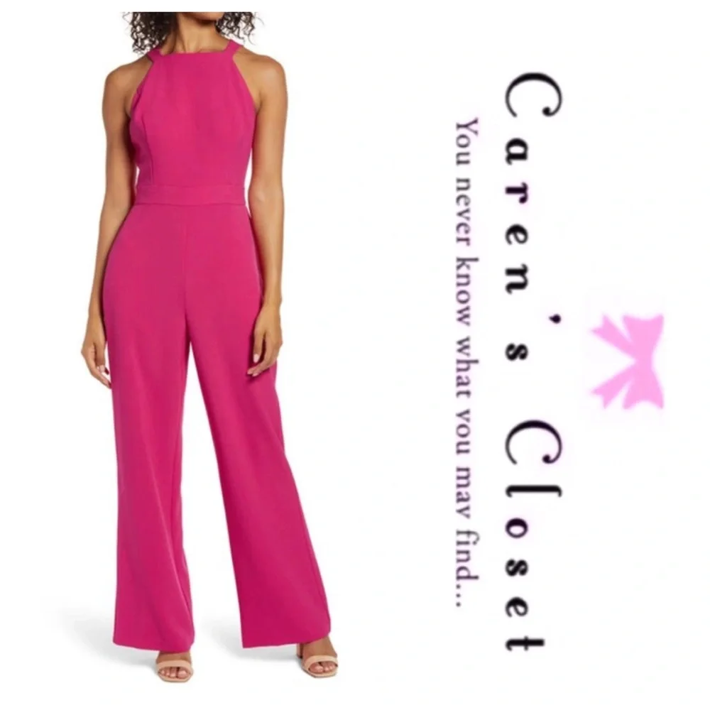 Vince Comuto Pomegranate Pink Wide Leg Stretch Jersey Halter Pant Jumpsuit - Picture 1 of 10